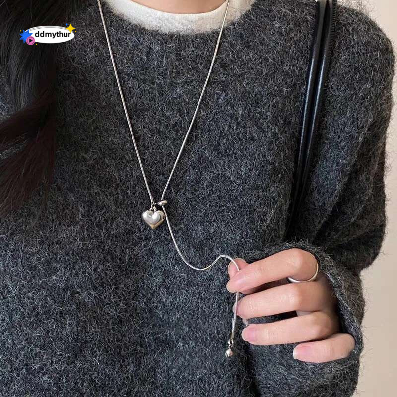 Stainless Steel Long Necklace with Heart Pendant Adjustable Chain Sweater Jewelry for Women Accessories ddmythur