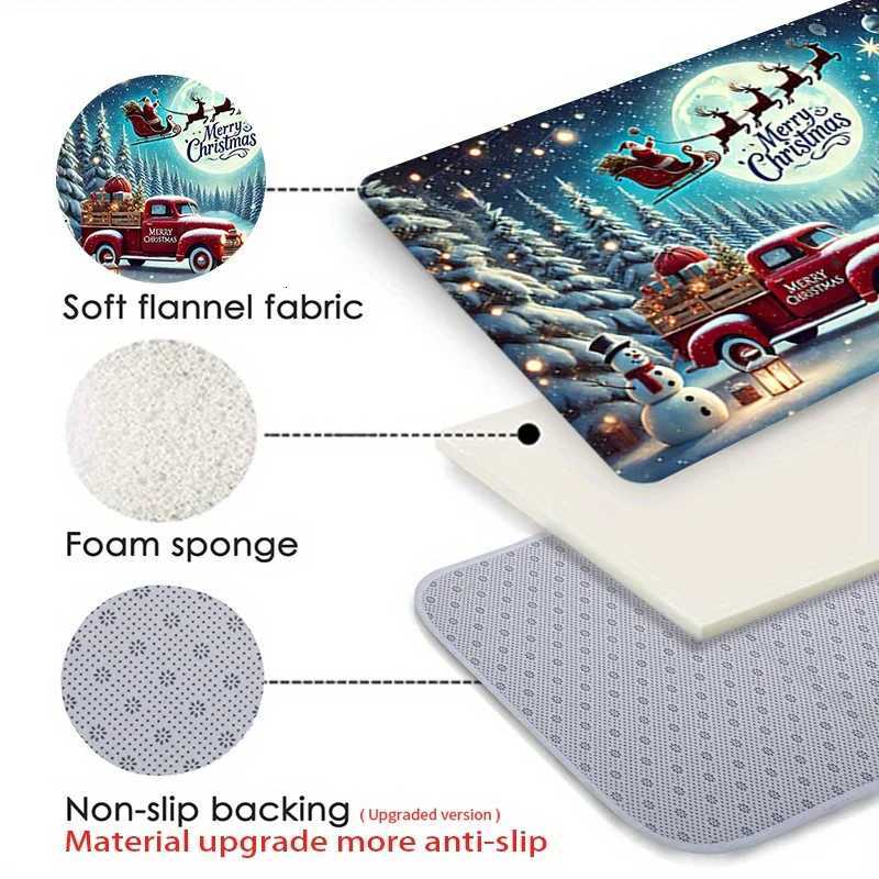 Open-1pc Winter Christmas Door Mat Flannel Thickness Winter Christmas Little Red Car Print Non-Slip Mat ComfortableM251117