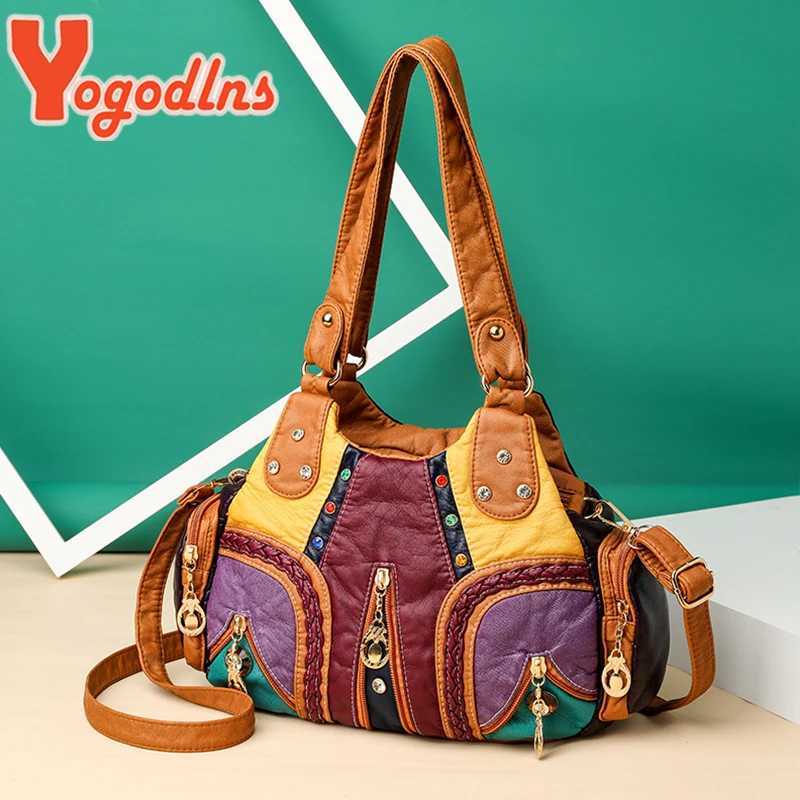 Yogodlns Vintage Soft PU Leather Shoulder Bag Women Large Capacity Handbag Fashion Crossbody Bag Stitching Color Handle Bag sacW251117