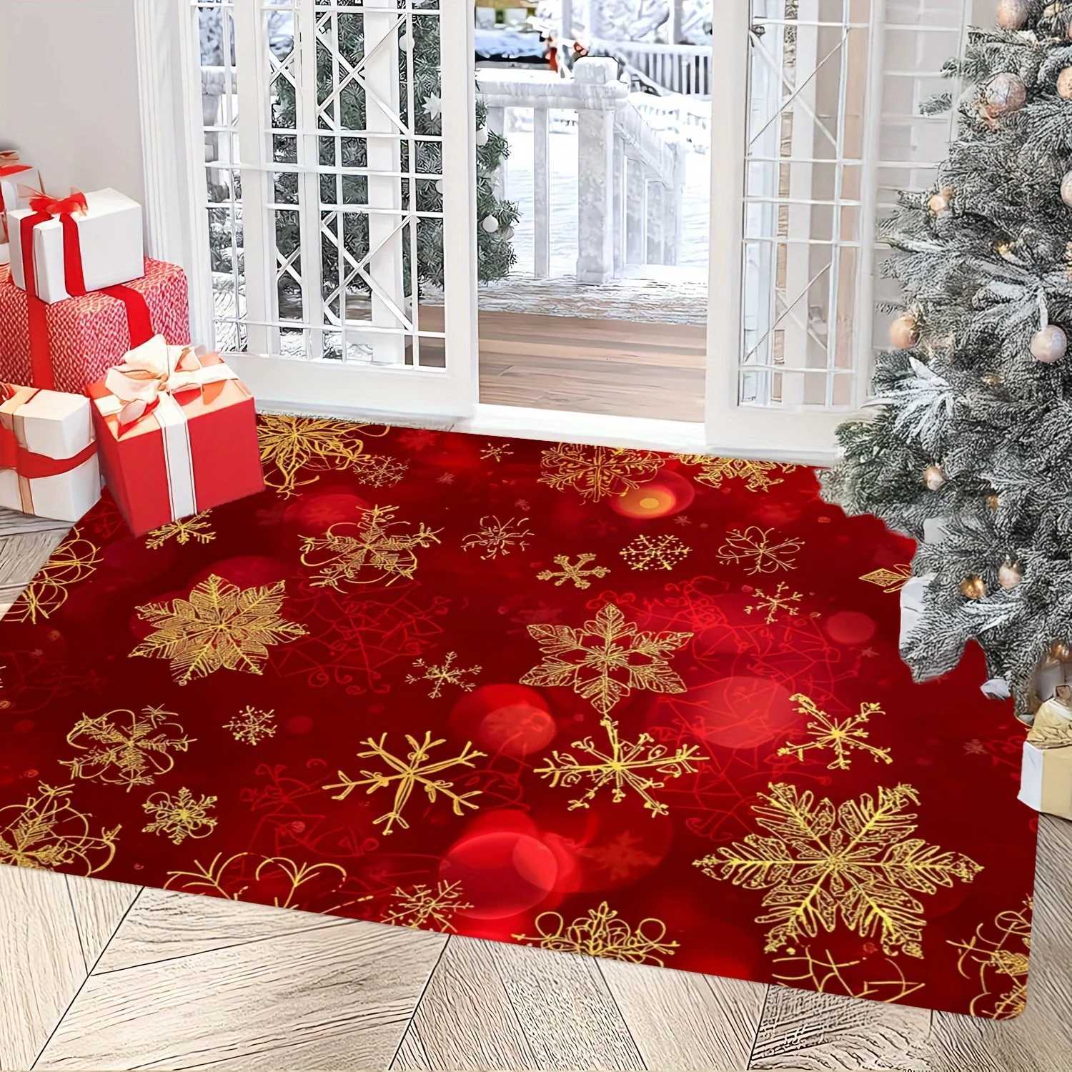 Golden Snowflake Christmas Area Rug - Featuring Red and Gold Design for Living Room Bedroom or EntrywayChristmas DecorationsM251117
