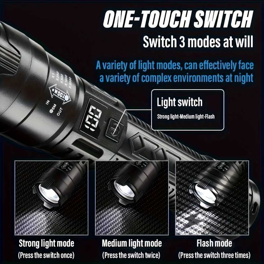 1000LM Ultra Bright LED Flashlight Type-C Rechargeable Long Range Zoom Tactical Torch Outdoor Emergency Camping Fishing Lantern M251117