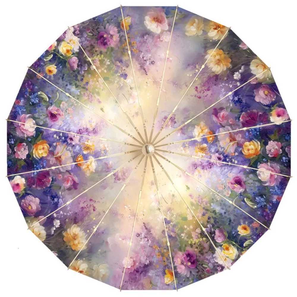 Women Oil Painting Flowers 16 Ribs UV Protection Pongee Fabric Foldable Sun Rain Umbrella Color Coated C251117