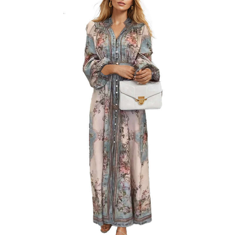Dress Women Designer Luxury 2025 Women's New Elegant V-Neck Fashion Printed Long Sleeve Dress
