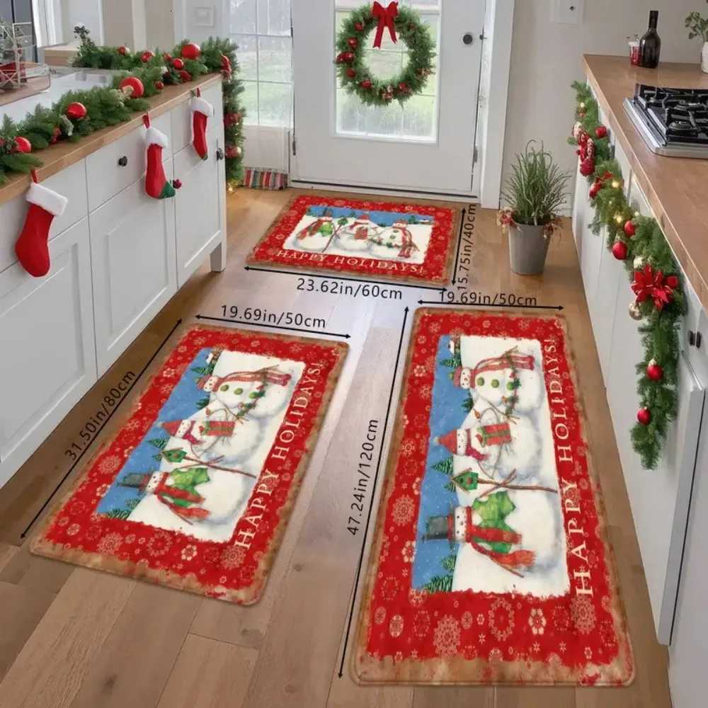 1 Pc Snowman Christmas Decorative Floor Mat with Happy Holidays Red and White Snowman Pine and Holly Berry Border Non-SlipM251117