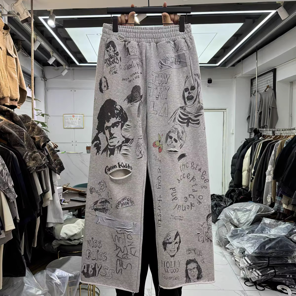 Retro Graffiti Character Letter Print Wide Leg Track Pants Men Women Trousers Jogger Drawstring Sweatpants
