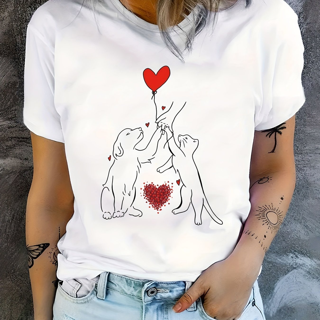 cat and dog print t-shirt casual round neck short sleeve tops spring and summer women's