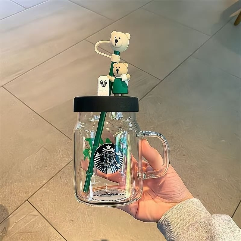 Star-buck 20oz Glass Cup Green Bear with Straw, Cute Transparent Travel Cup with Lid, Iced Coffee Cold Drink Christmas and New Year Gift, Bearista Lim