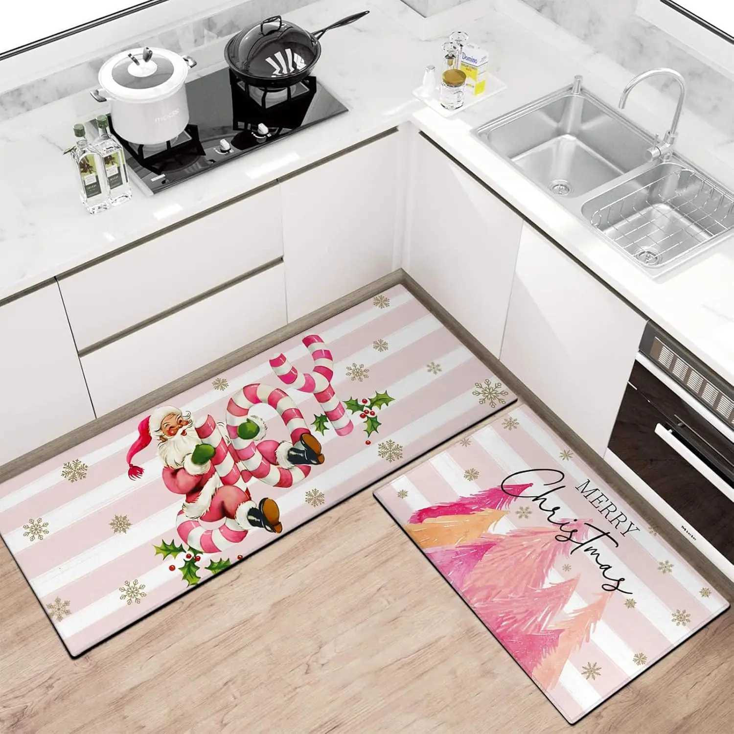 Merry Christmas Kitchen Rugs Pink Christmas Trees Santa Claus Joy Xmas Winter Holiday Floor Mat Washable for Christmas DecorM251117