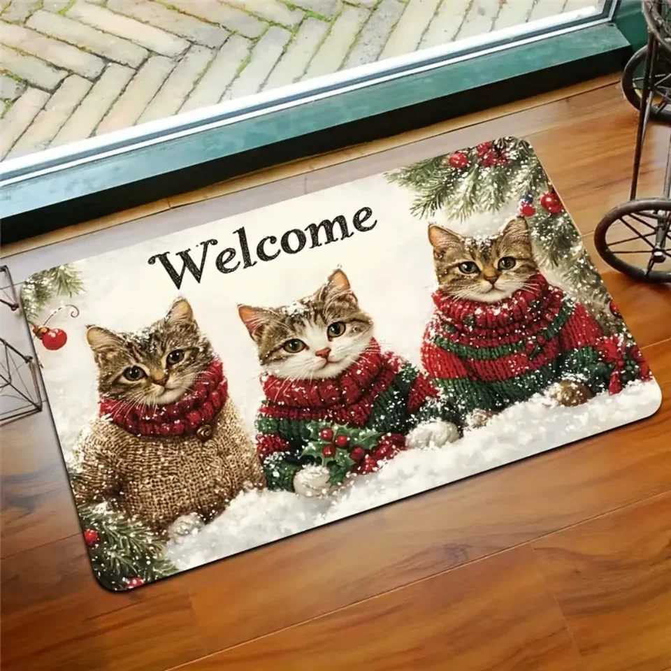 VIKAMA 3 Cats Christmas Welcome Doormat - Polyester with PVC Backing Machine Washable Rug for Multi-Room Holiday DecorM251117