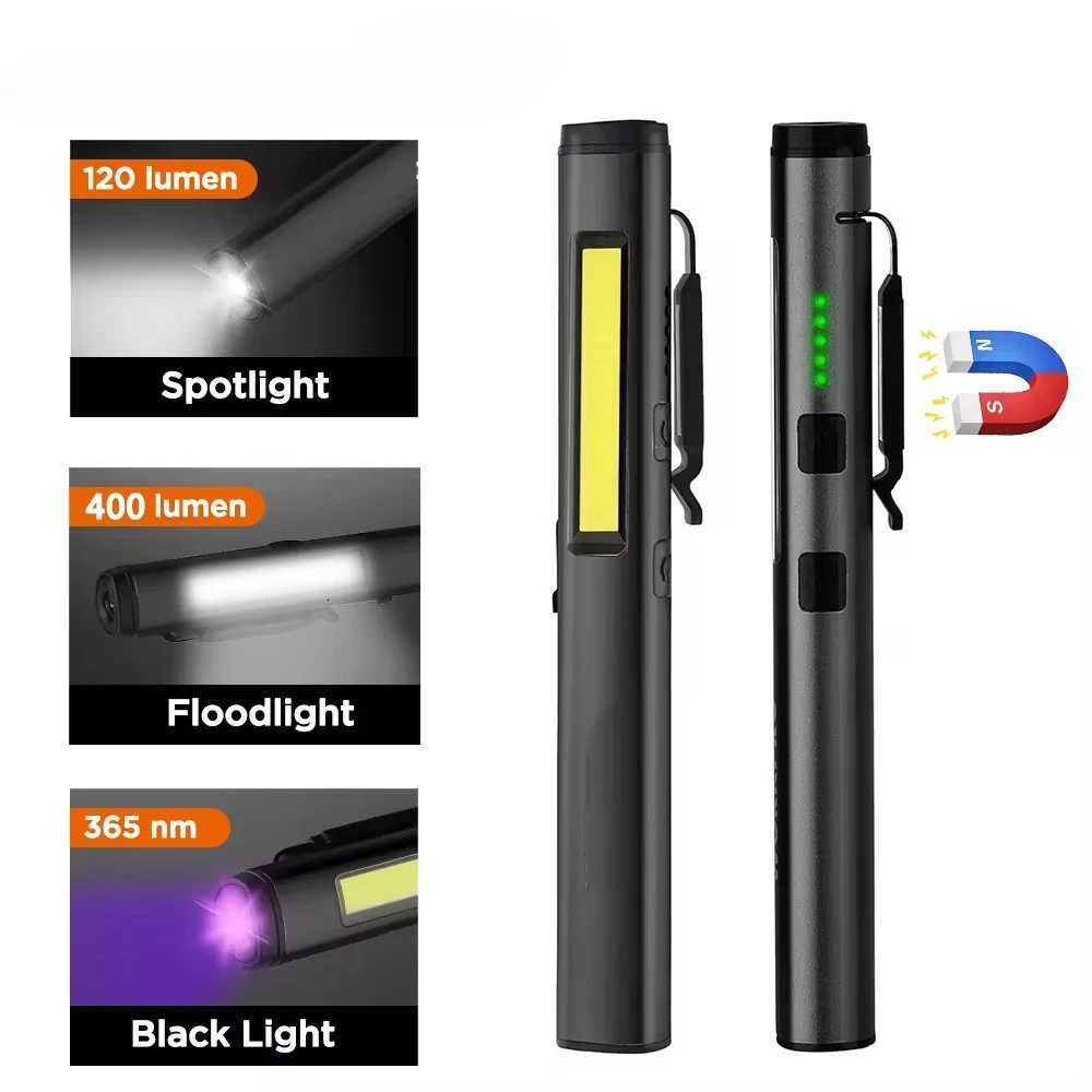 Multifunctional 4 in 1 LED Flashlight Mini USB Rechargeable 800mah Pen Clip Flashlight 365nm UV Light COB Camping Work Repair M251117