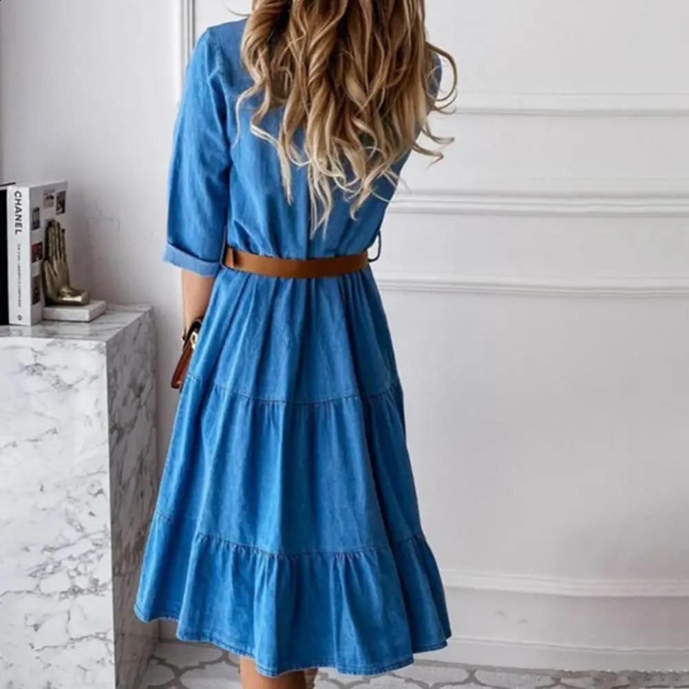 Denim Dress Three Quarter Sleeve with Belt Turn-down Collar Spring Autumn Buttons Ruffle Jeans Dresses for women 250414