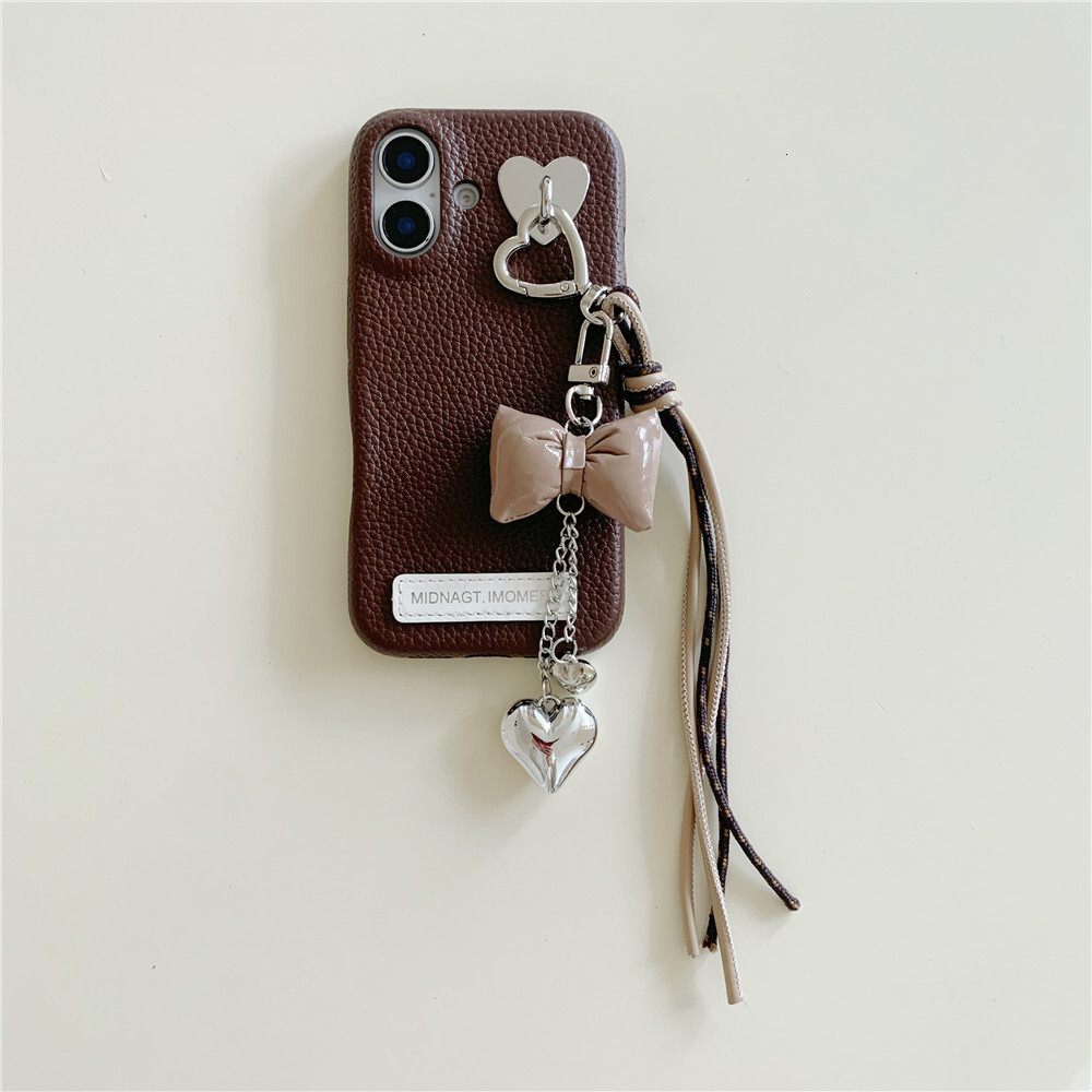 Butterfly Bow Heart Pendant Phone Case Compatible with iPhone 17/16 Pro Niche Solid Color Leather iPhone 15/14
