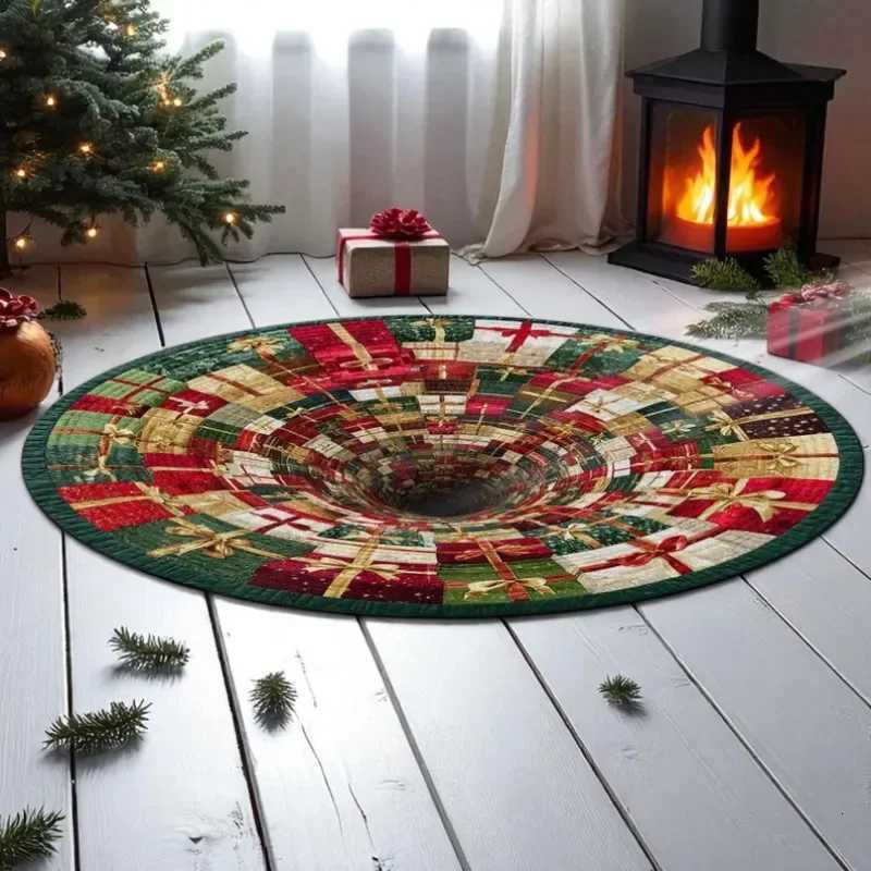 3D Optical Christmas Presents Round Rug Holiday Gift Box Tunnel Design for Fireplace Area Xmas Floor Mat Festive Home DecorM251117