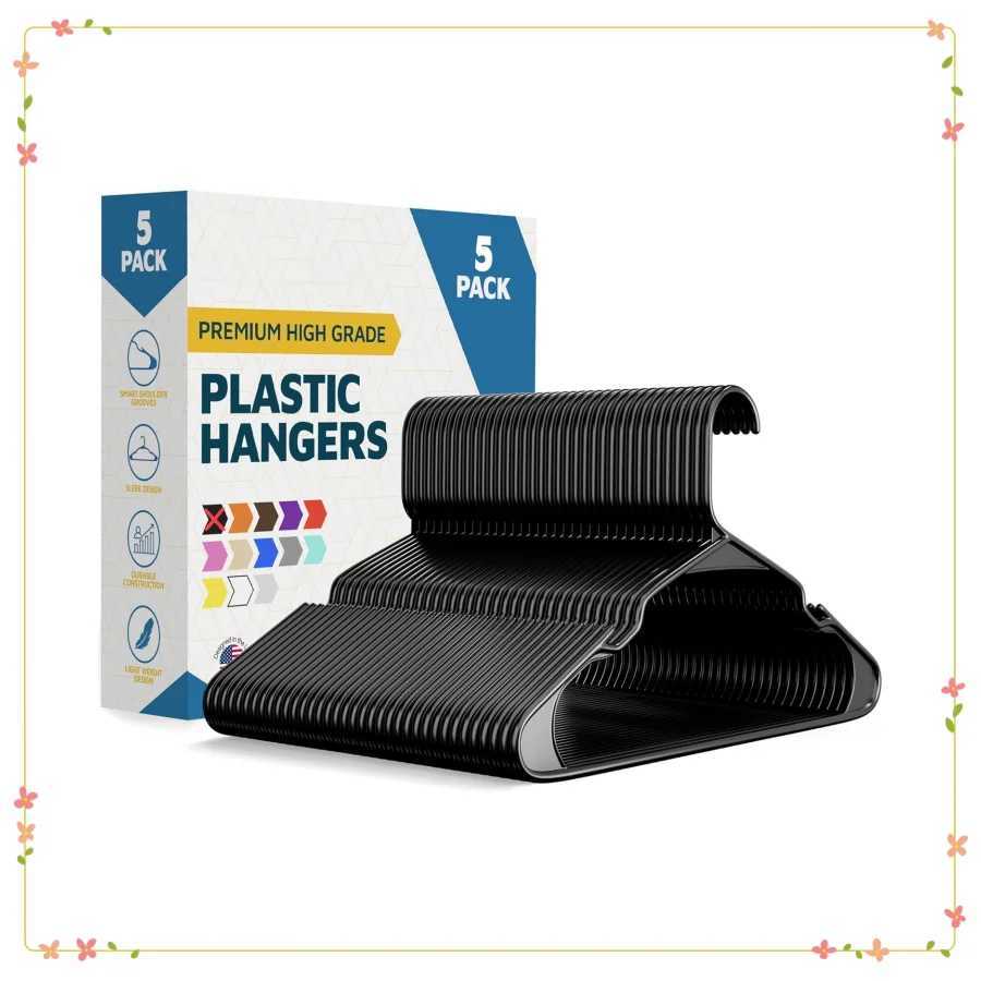 Heavy Duty Plastic Hangers 5-Pack Black - Non-Slip Space Saving Clothes Hangers for Dresses Coats Holds 5 lbs C251117