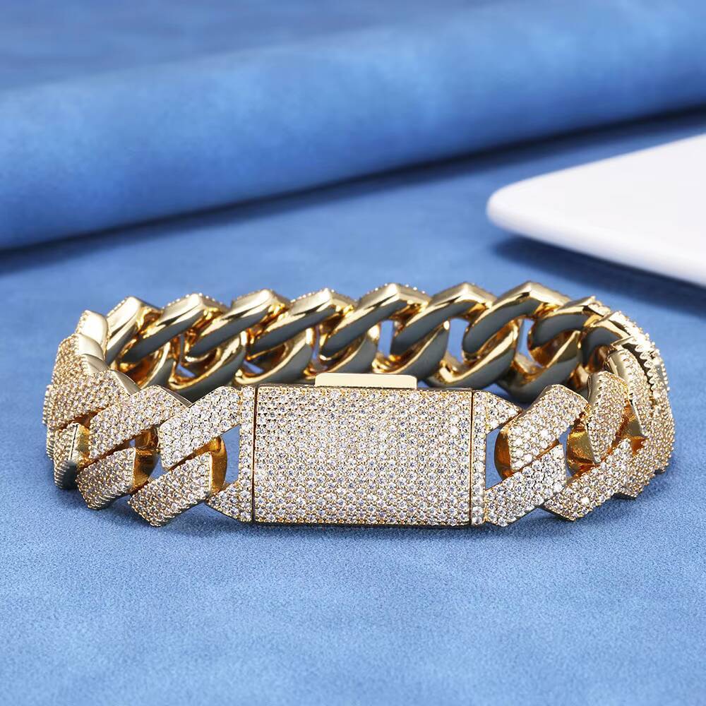 Hip Hop Jewelry 15mm Iced Out Moissanite Diamond Prong Cuban Chain Bracelet White Gold Prong Miami Cuban Link Chain for Men