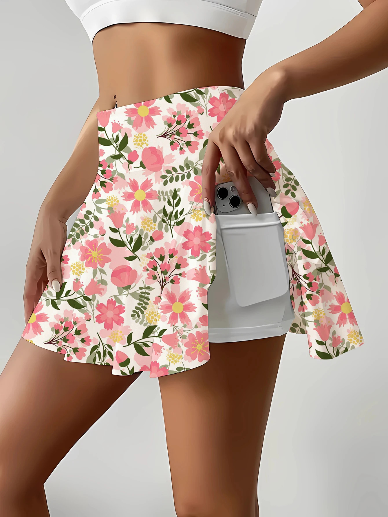 Womens floral print mini skirt with shorts elastic waist summer knitted fabric pink polyester canvas and pockets 250415Z