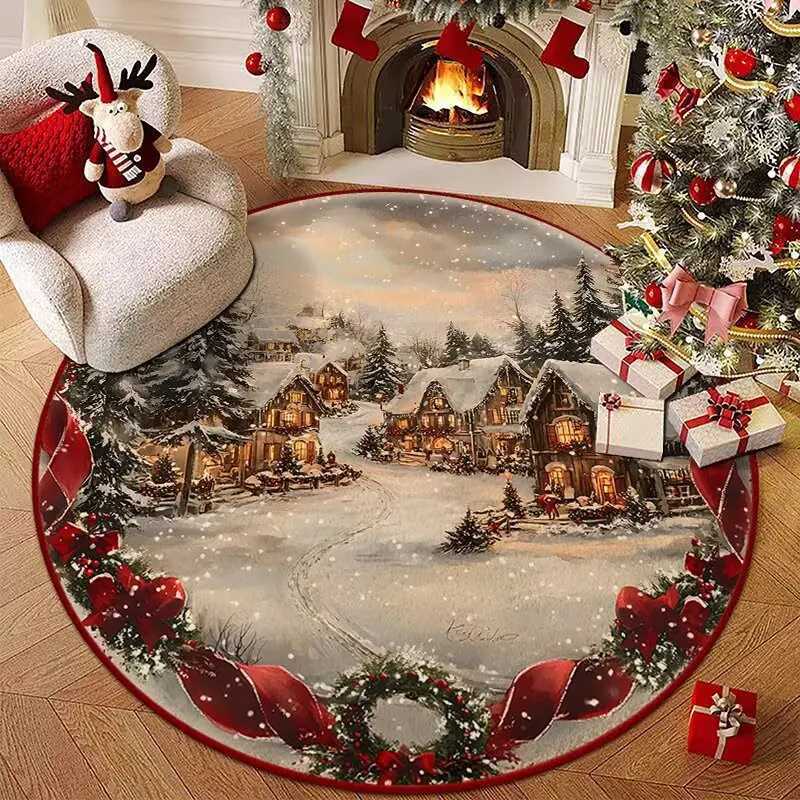 Christmas Winter Forest Round Rug Snowy Cabin Reindeer Design Dark Red Festive Wreath Carpet for Living Room Home DecorM251117