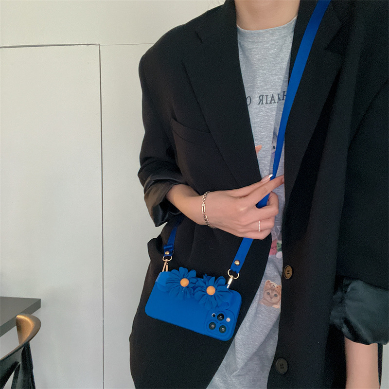 Klein Blue Daisy Phone Case Compatible with iPhone 17 Pro Wrist Strap Crossbody Protective Case iPhone 16/15 11 Soft