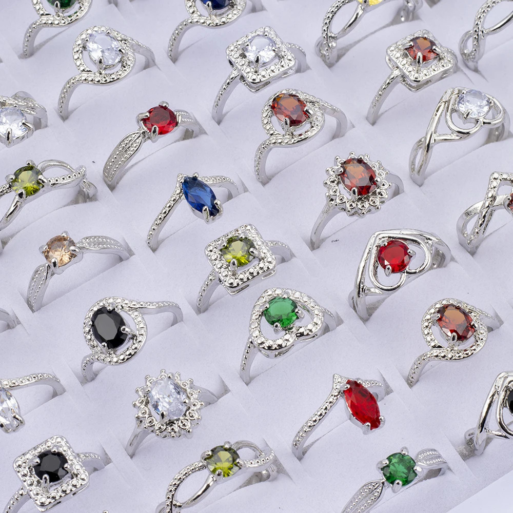 25Pcs/Lot Fashion Colorful Rhinestone Rings For Women Mix Style Engagement Wedding Jewelry Party Gifts Wholesale 251110