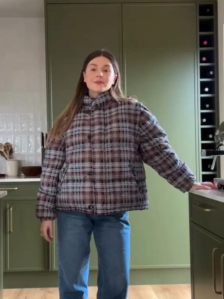 Fashion Plaid Padded Jacket For Women Casual Detachable Hood Zipper Pockets Loose Coat Lady Winter Chic Street Outerwear 251111