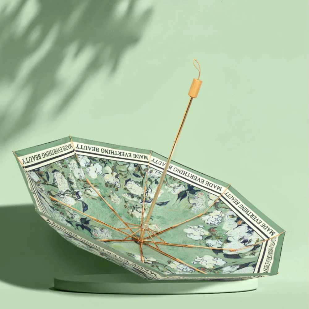 Double Layer Umbrella Wood Handle Vintage Floral Three Fold Umbrellas Foldable Uv Protection Sunshade Sun Protection Umbrellas C251117