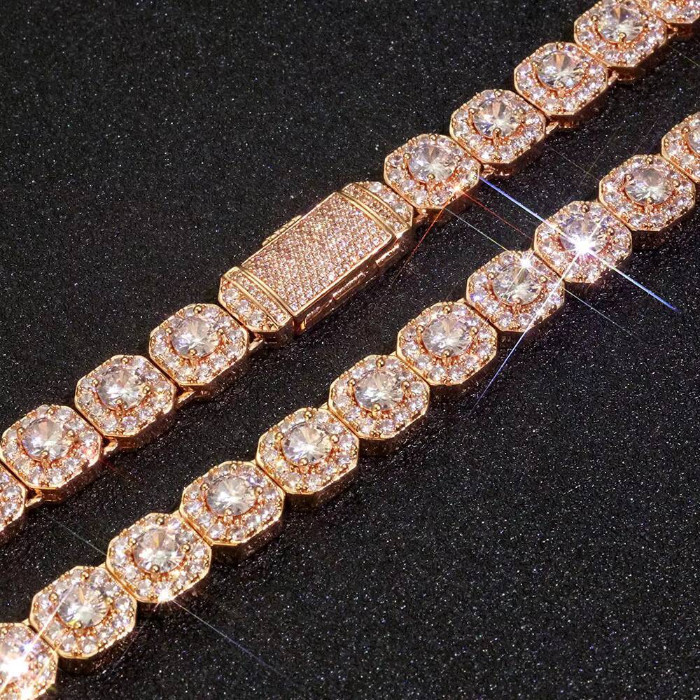 Moissanite Hip Hop Jewelry 10/12mm Rose Gold Plated Clustered Tennis Chain Necklace Bling Iced Out Zircon Choker Necklaces for Women