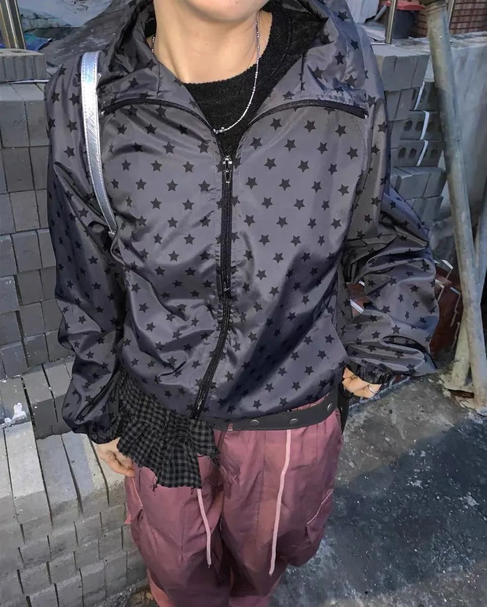 Star Printed Breathedivinity Loose Hoodies for Couple Streetweat Classic Vintage Casual Zip Up Sweatshirts Pullover Clothes 250415