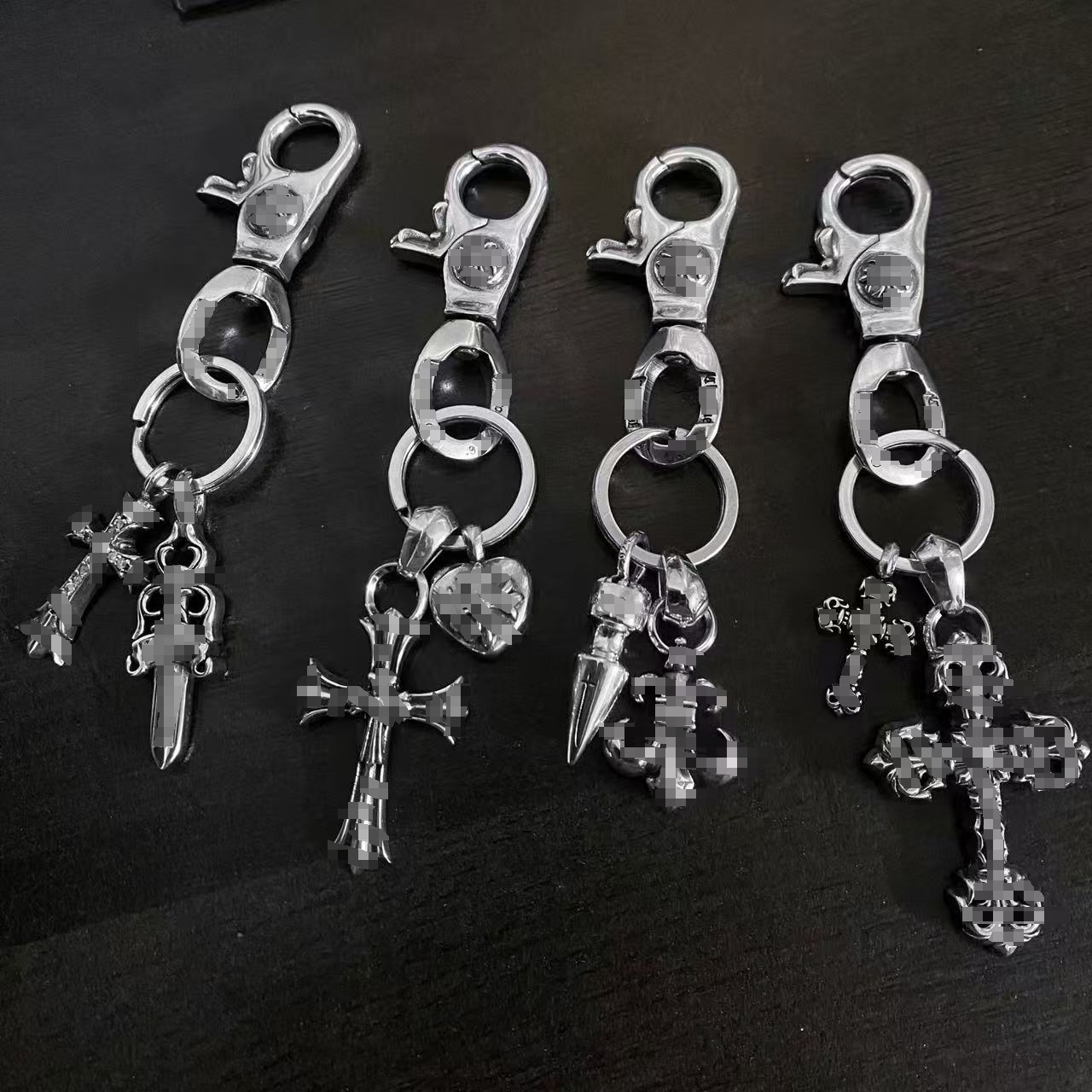 Designer chrome cross flower dice ball buckle waist pant Key chain thai silver bag Keychain personalized men women retro European American bag hanging thick jewelry