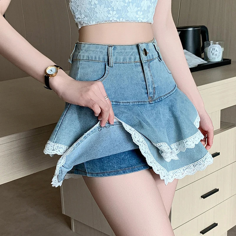 Seoulish week Womens Denim Skirt 2025 SpringSummer Fashion High Waist Lace Decorative Shorts Mini 250415Z