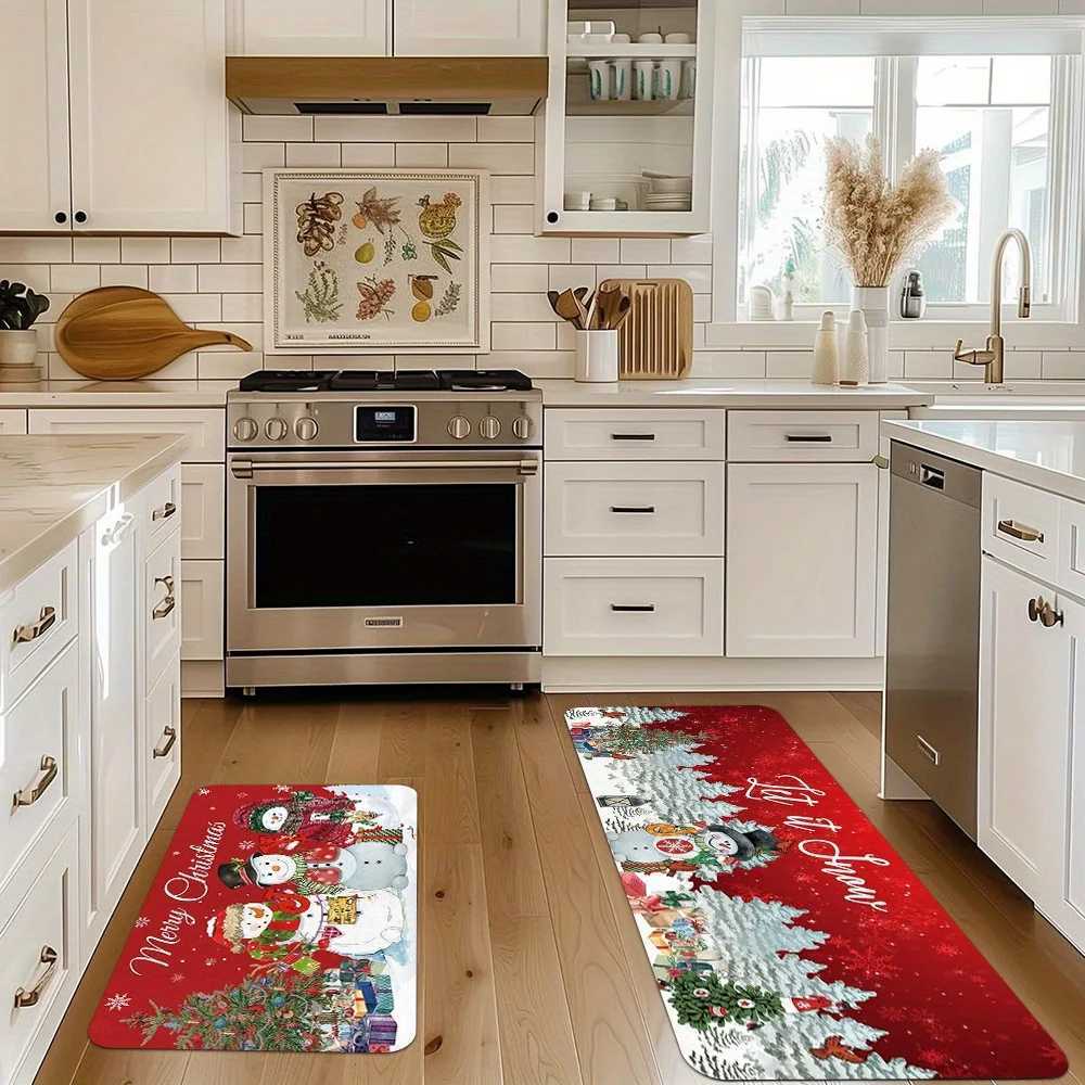 Christmas Snowman Snowflake Kitchen Mat Fleece Non-Slip Festive Rug for Living Room Bedroom Dining Holiday DecorM251117