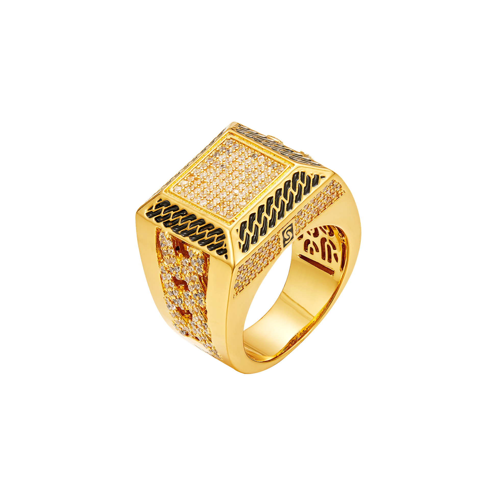 Hip Hop Square/Round Stainless Steel S Ring Zircons Prong Setting 18K Gold Plated Mens Jewelry