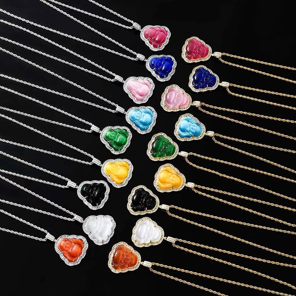 Mens Hot Sale Diamond Jade Laughing Gold Plated Jewelry Iced Out Green Buddha Pendant