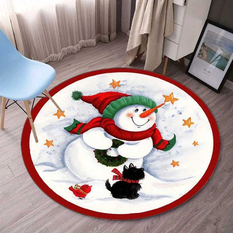 Snowman Christmas round rug festive winterholiday decor living room floor mat soft plush carpet with dog and birdkids and familyM251117