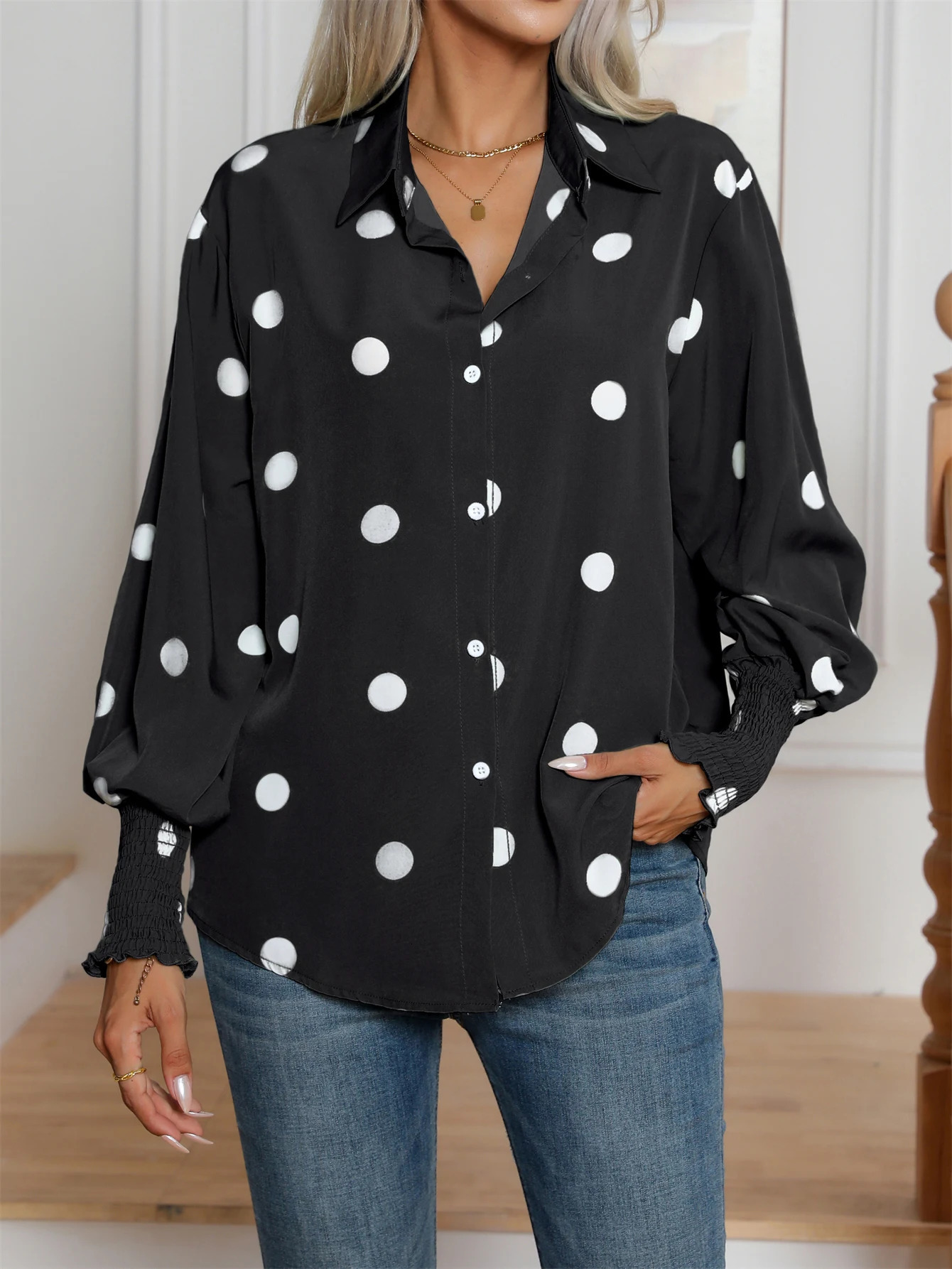 Casual Lapel Button Down Balloon Polka Dot Print Lantern Sleeve Shirt Womens Clothing 250417