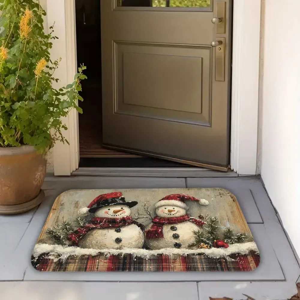 1pc Country Style Christmas Snowman Doormat Soft Non-Slip Machine Washable Plaid Border Holiday Kitchen Decor Home Entry RugM251117