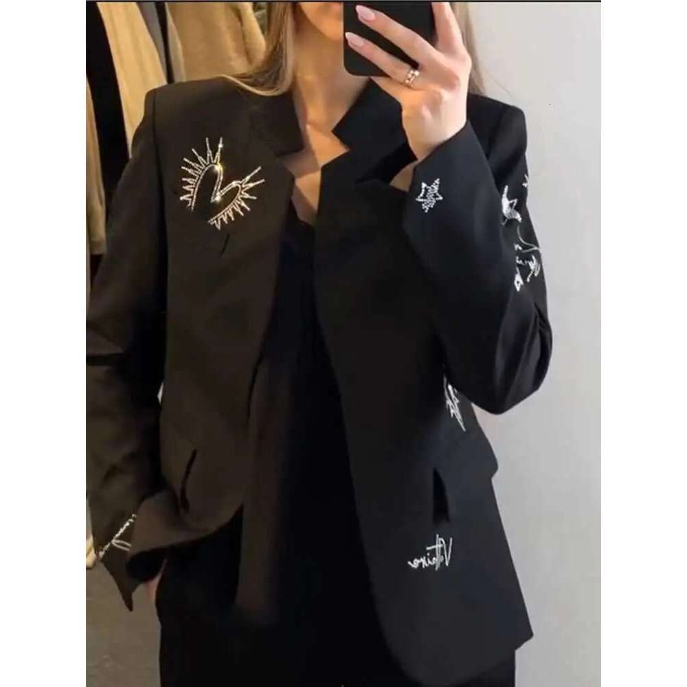 Strass Rhie Blazer Women Open Front Notched Collar Long Sleeve Decorative Pocket Flaps High Quality Blazer Jacket Female