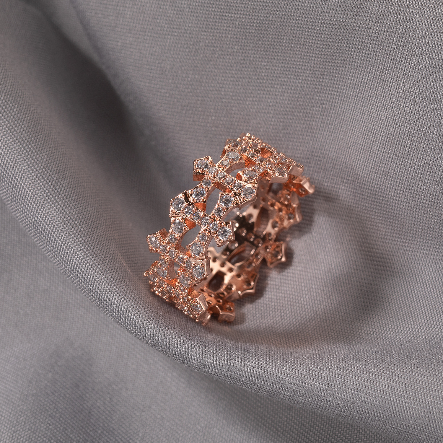 Hip Hop Cross Tennis Chain Ring 18K Gold Plated 5A Zircons Finger Rings Jewelry