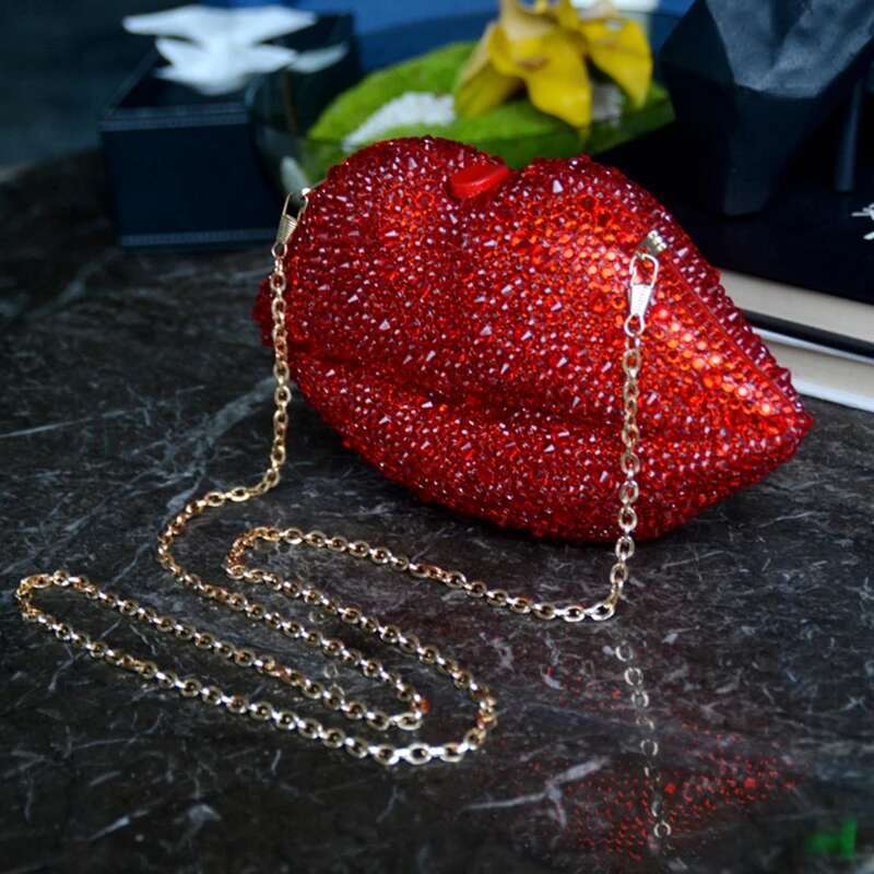 Women Leather Lips-Shaped Evening Clutch Purses Crossbody Bags Vintage Banquet Handbag Dinner Bag