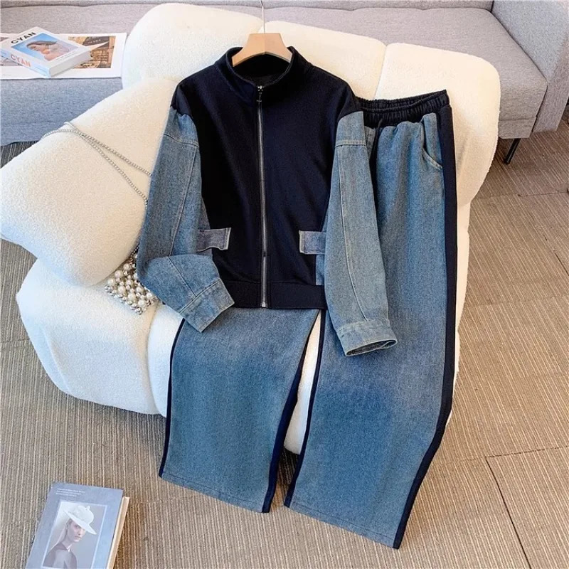 Y2K Vintage Denim Two-Piece Set Patchwork Long Sleeve Coat & High Waist Wide Leg Pants for Women - Loose Straight Fit C260312