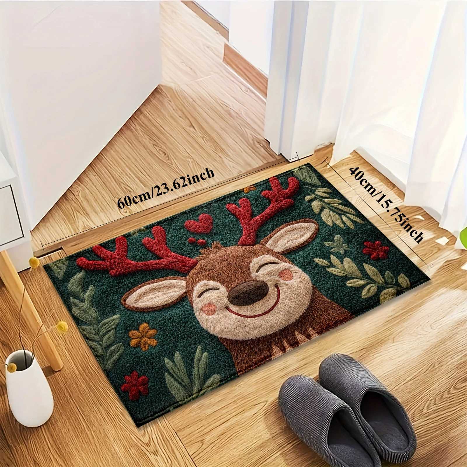1PCS Fluffy Christmas Deer Microfiber Bath Mat - Quick-Dry Absorbent Festive Holiday Design with Red Berries Green LeavesM251117