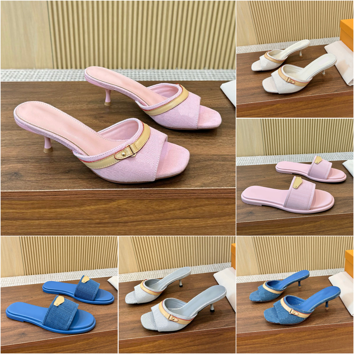 Light pink kitten heels sandals pink denim heels sandles women 6am mule pink denim sandals famous designer women 2025ss new designer slides mules top quality