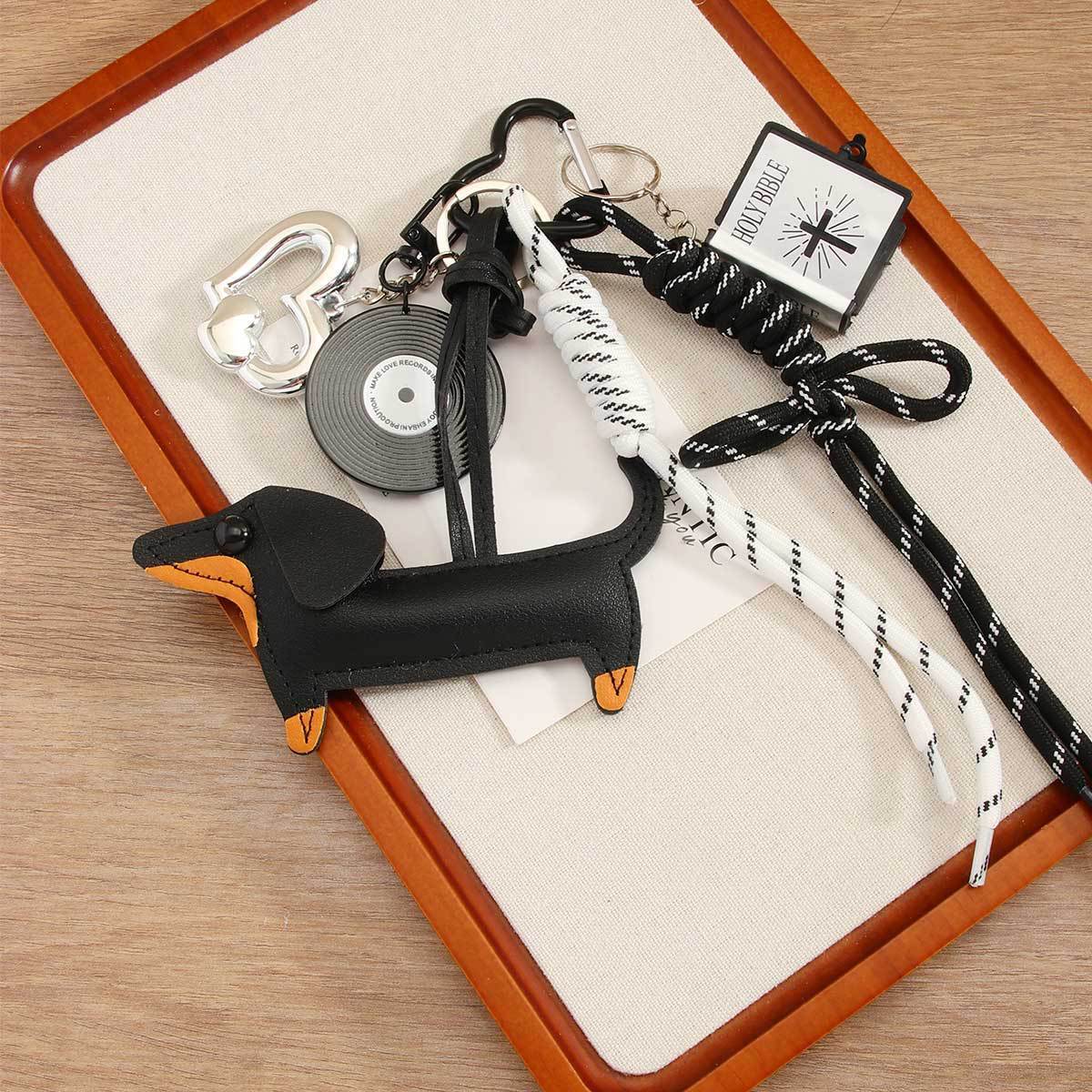 designer bag charm fashion series retro pu dachshund dog small book heart tennis ball braided rope bag pendant keychain wholesale - view 5