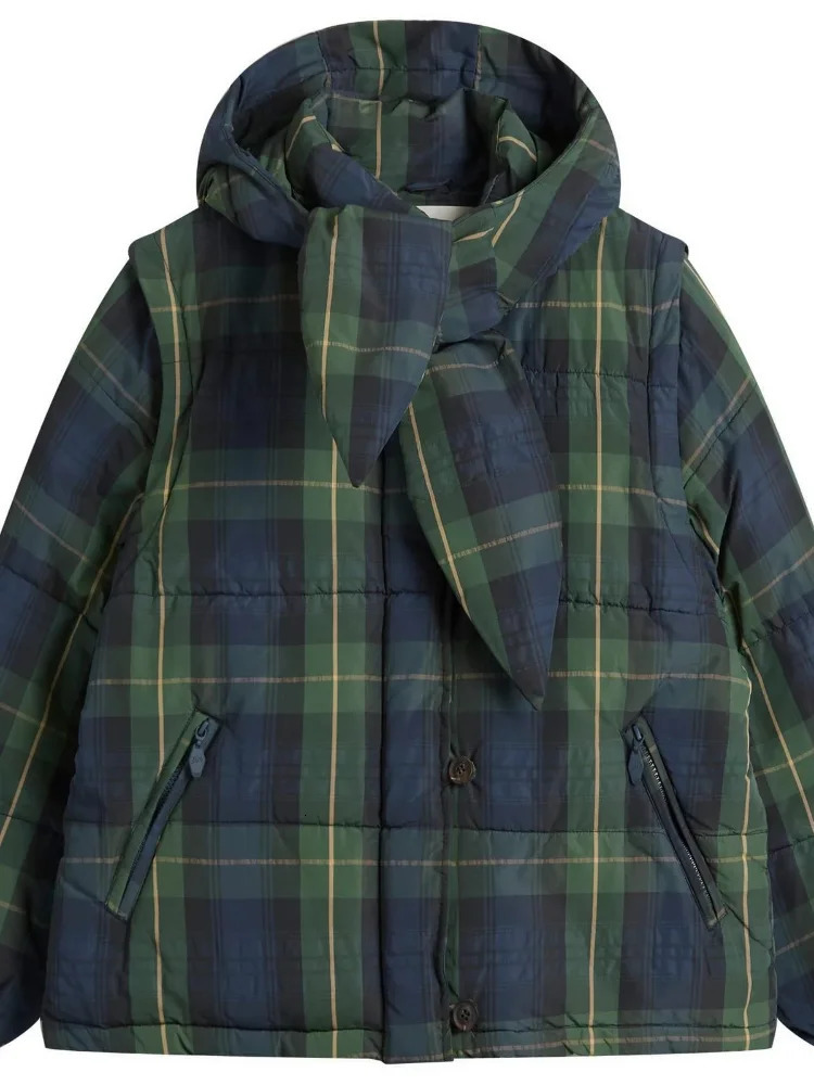 Fashion Plaid Padded Jacket For Women Casual Detachable Hood Zipper Pockets Loose Coat Lady Winter Chic Street Outerwear 251111