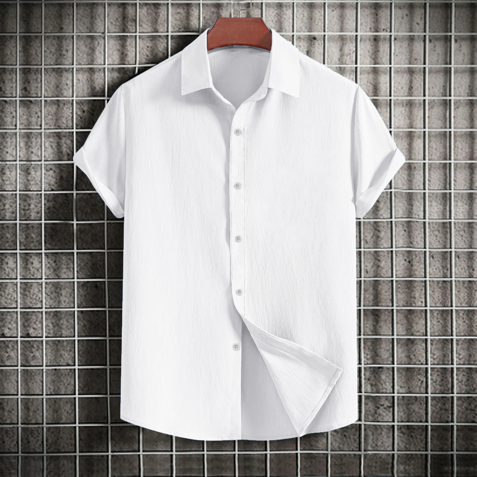 Mens casual short-sleeved solid color lapel shirt 250417