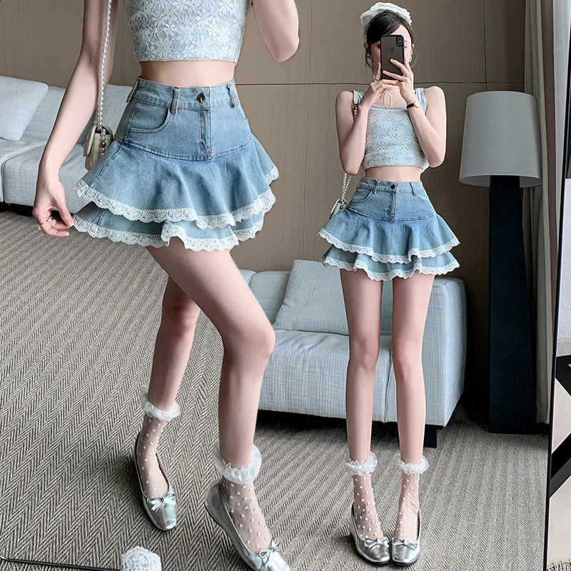 Seoulish week Womens Denim Skirt 2025 SpringSummer Fashion High Waist Lace Decorative Shorts Mini 250415Z