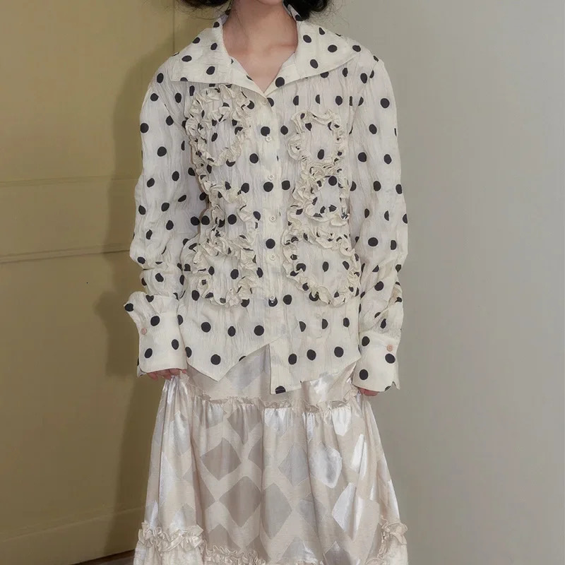 Jin Yi n Spring Autumn Style Beige Polka Dot Pleated Asymmetrical High Collar Large Turn Collar Shirt for Women 250417