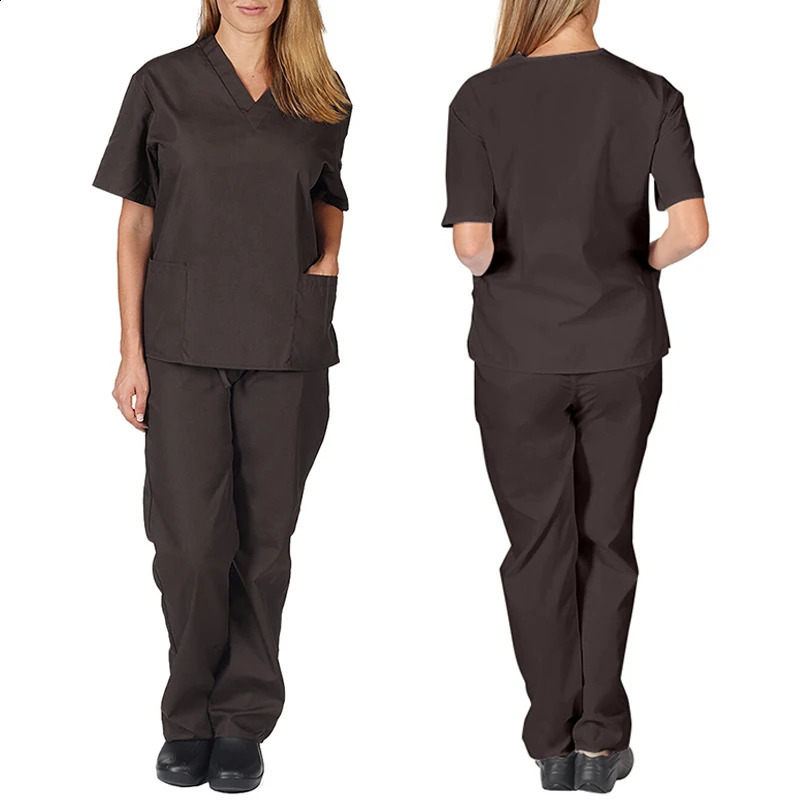Solid Color V-Neck Short Sleeve Nurse Workers Uniform Women Hospital Doctor Nursing Workwear Set Dental Surgery Clothes 250415