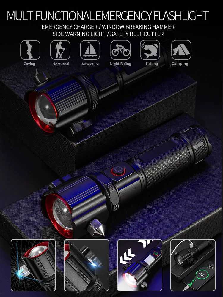 High Power Zoom LED Flashlight with USB Charging COB Safety Hammer Multi-functional Waterproof Aluminum Alloy White Laser Torch M251117
