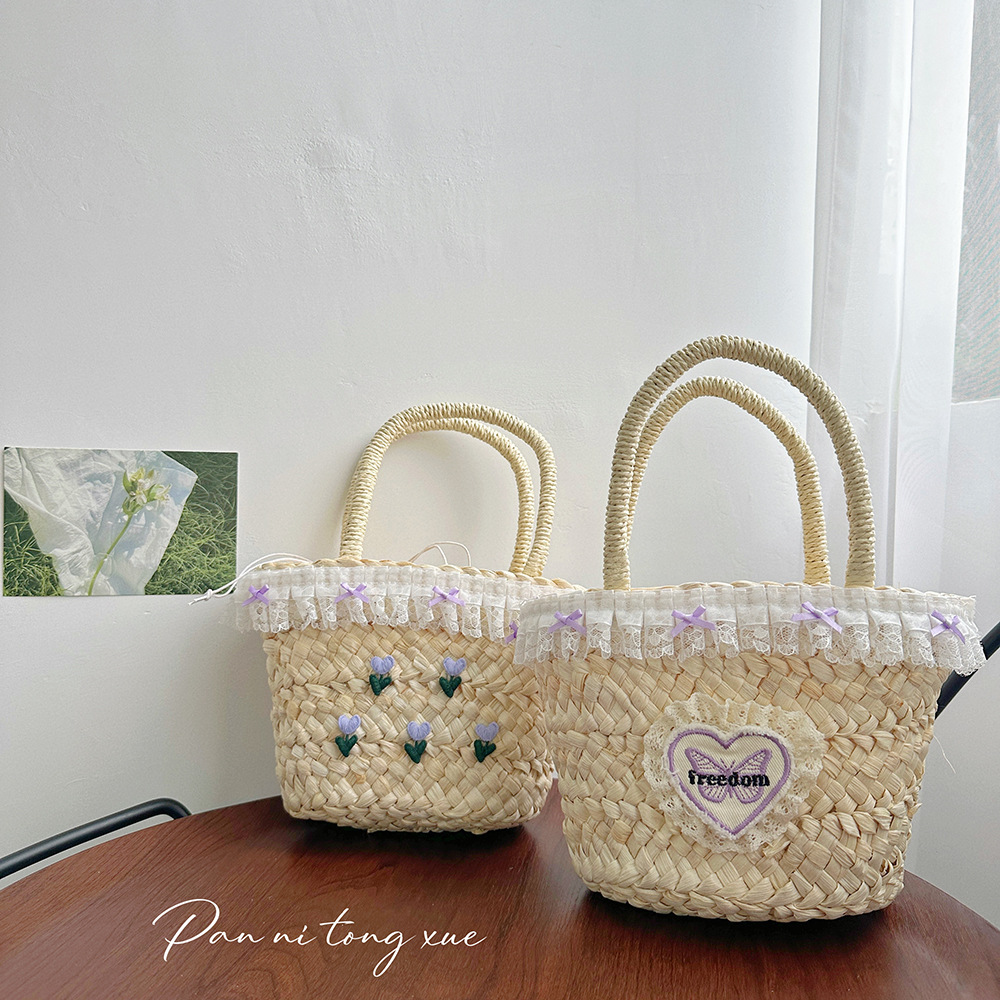 Lightweight Summer Straw Woven Bucket Bag with Sweet Bow Pendant for Women