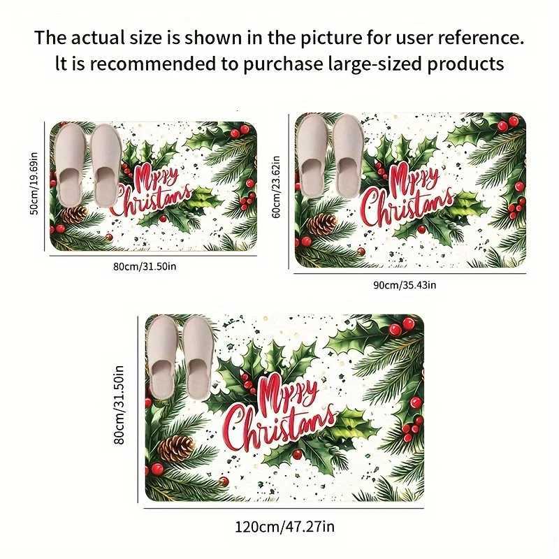 Merry Christmas Holly Print Flannel Doormat Thick Soft Machine Washable Non-Slip Rug for Kitchen Living Room Holiday DecorM251117